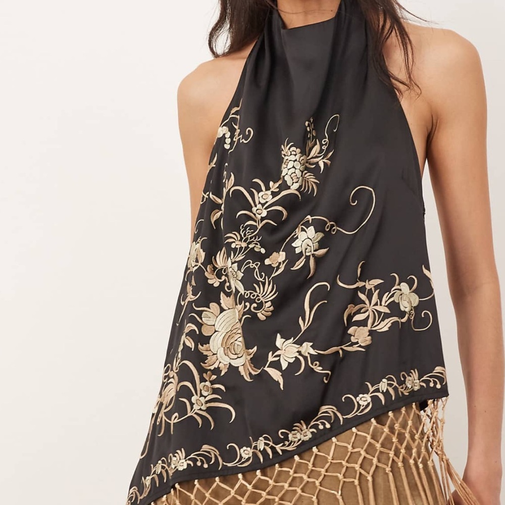Black Halter Top with Gold Floral Embroidery
